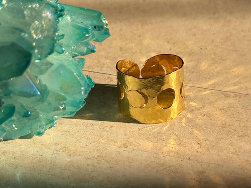 Adjustable Hammered Brass moon phase cuff Ring: Handmade celestial Wide Band