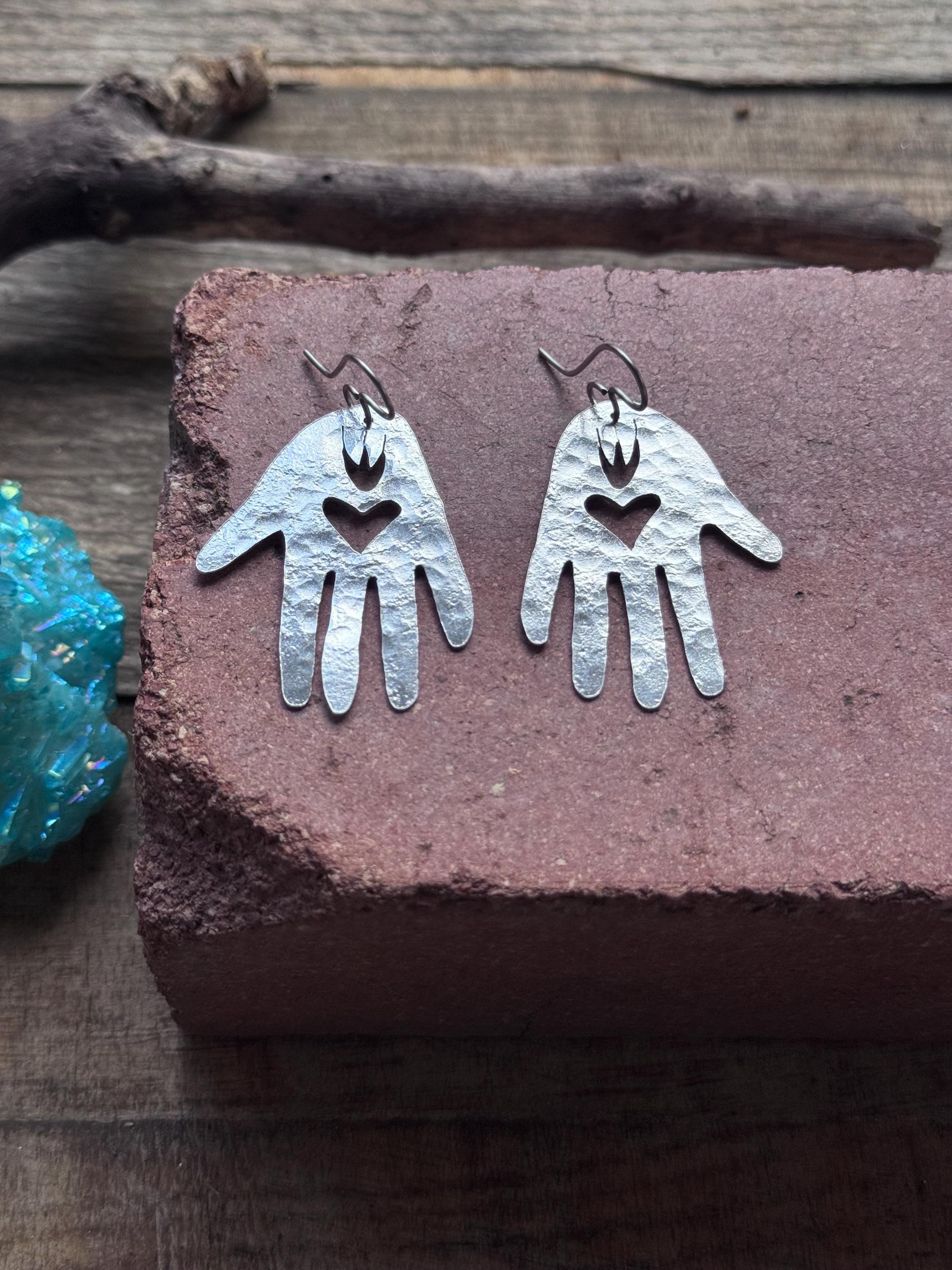 Handmade Sacred Hand Earrings: heart in hand amulet