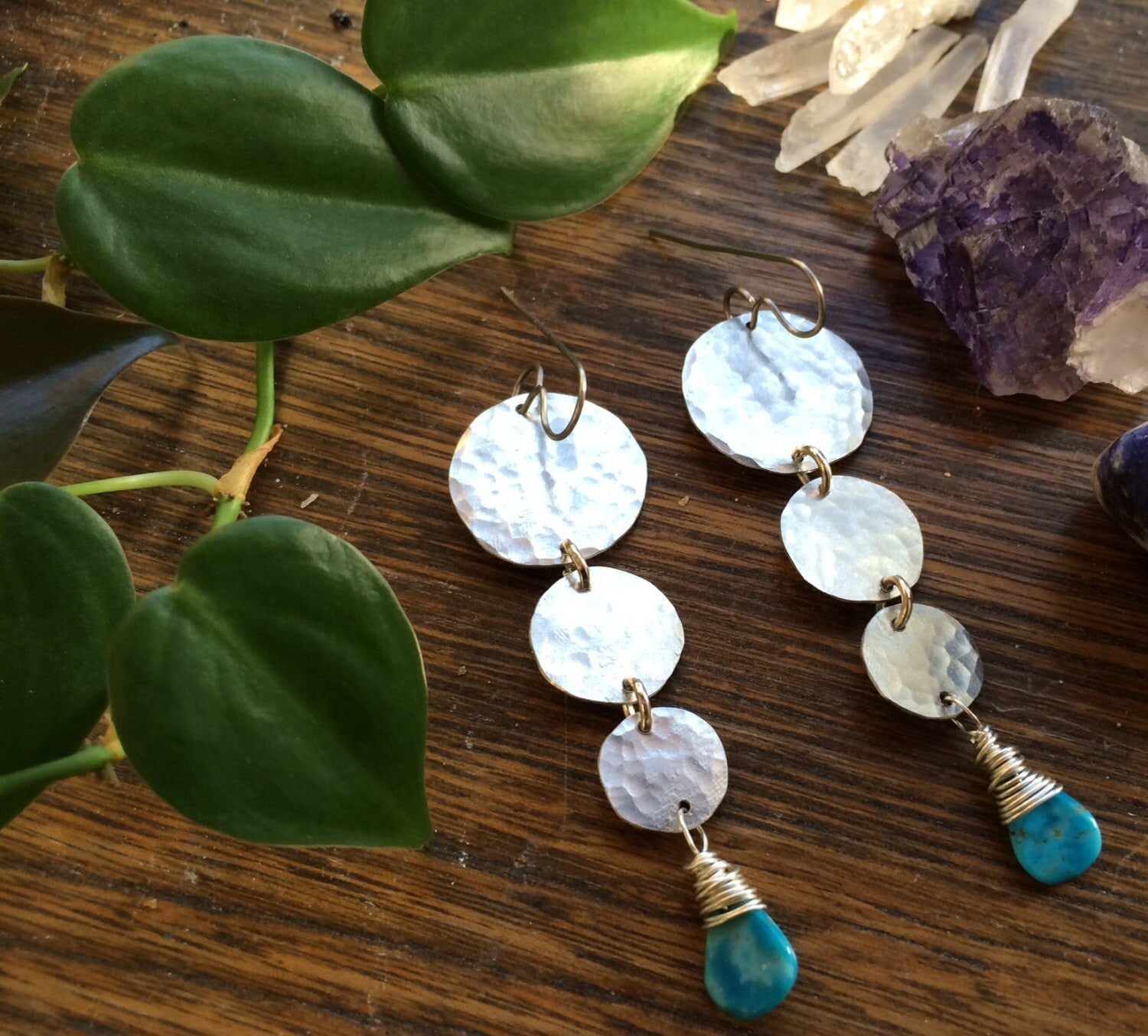 Handmade Turquoise Drop Earrings: Hammered Metal Circle Dangles